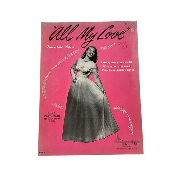 All My Love Sheet Music Mitchell Parish Paul Druand Henri Contet Patti Page - Picture 1 of 6